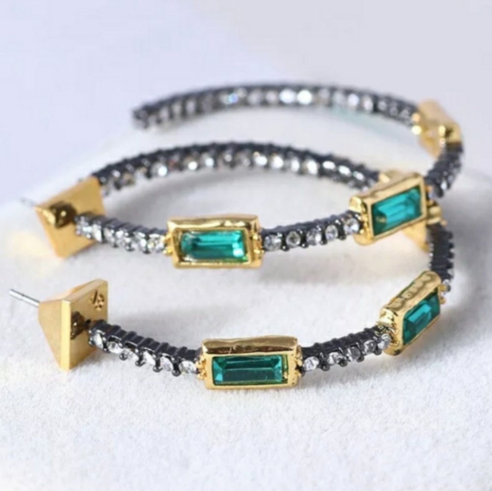 Alexis Bittar Gold Hoop Earrings with Teal Stones and Gray Crystal Accents